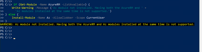 「AzureRM」がインストールされている場合のコマンド実行結果