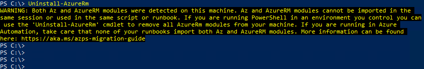 「AzureRM」をアンインストールしている画面
