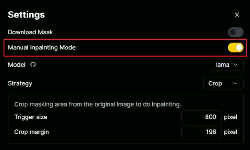 「Manual Inpainting Mode」をオンにする