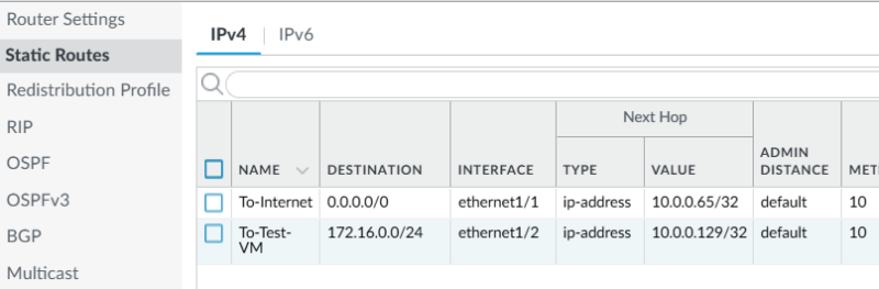 Virtual RoutersのStatic Routers(クライアント向け通信の定義)