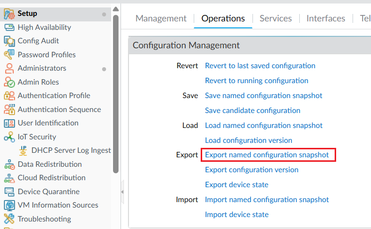 Export named configuration snapshot をクリック