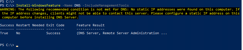 Install-WindowsFeatureコマンド実行結果（DNSインストール）