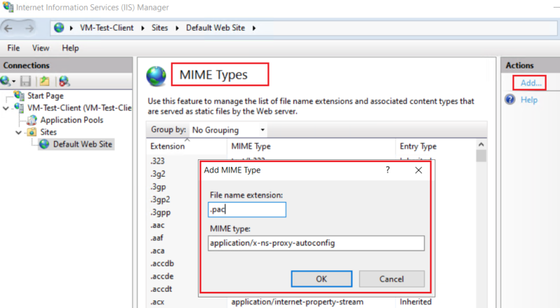 MIMEの種類に.pac拡張子を追加