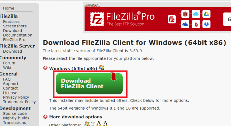 「FileZilla」ダウンロードページ