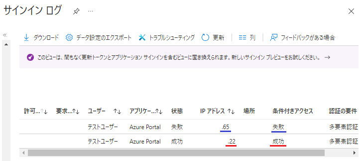 サインインログからログの確認