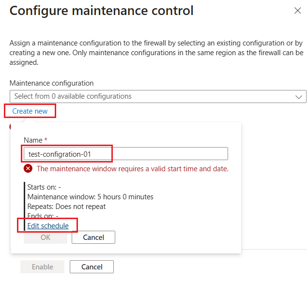 [Configure maintenance control] というポップアップが出てくるので「Create new」をクリックし、名前を入力して、「Edit schedule」をクリック