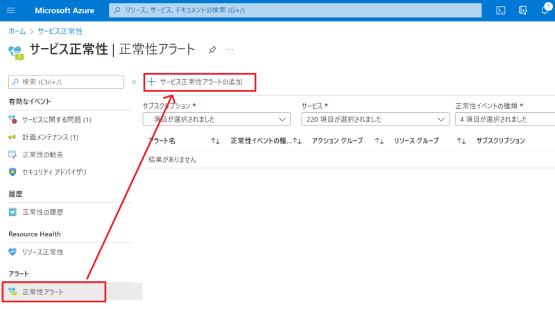 「正常性アラート」をクリックし、「サービス正常性アラートの追加」をクリック