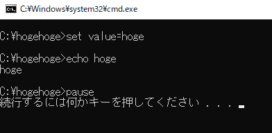 変数を利用したバッチファイルの実行結果